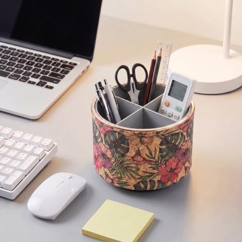 Round Leather Art Supply Organizer,Remote Control Holder,360 Degree Spinning,Multi-Functional Pencil Holder,4 Compartments Desktop Stationary Organizer(1-Gold Wood Banana) - color: 1-Gold Wood Banana