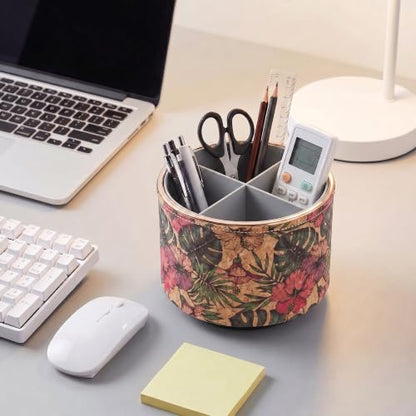 Round Leather Art Supply Organizer,Remote Control Holder,360 Degree Spinning,Multi-Functional Pencil Holder,4 Compartments Desktop Stationary Organizer(1-Gold Wood Banana) - color: 1-Gold Wood Banana