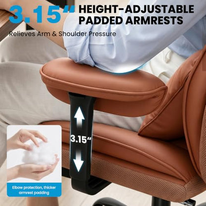 ALLGOD Office Desk Chair, Big and Tall Executive Chair with Lumbar Support, High Back Computer Gaming Chair, PU Leather with Pocket Spring Cushion, Adjustable Armrests and Footrest, Brown - color: Brown
