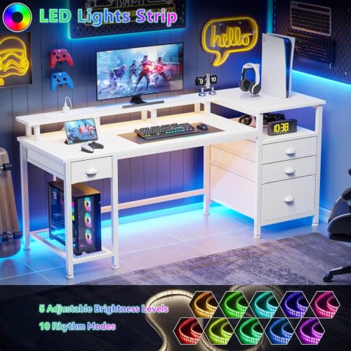 Furologee 60" White Computer Desk with 4 Drawers, Power Outlet, LED Lights - color: White, size: 60 Inch