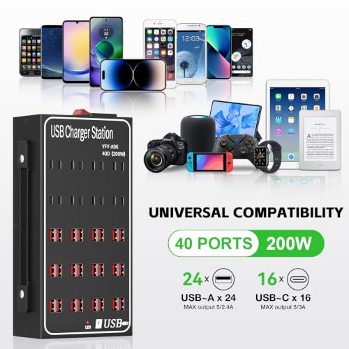 250W 50A USB Charging Station for Multiple Devices, 50 Port Fast USB Charger Block, Desktop Wall Fast Charger with Intelligent Protection, USΒ Power Strip Suitable for Home Office School