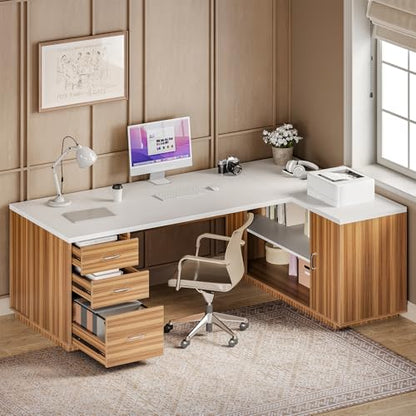 LITTLE TREE 87-Inch Modern Executive Desk with File Cabinet, Large Home Office Desk with Drawers, 3-Drawer Wooden File Cabinet, Spacious Workstation for Home Office (White & Brown) - color: White and Brown
