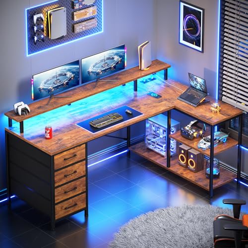 SEDETA L Shaped Desk with 4 Drawers, Shelves, Power Outlets, Rustic Brown - color: Rustic Brown