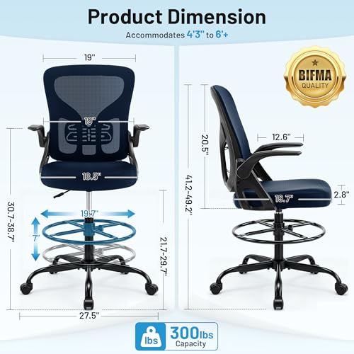 Drafting Chair for Standing Desk, Tall Office Chair with 22"-30" Seat Height &7" Lift Footrest Ring, Ergonomic Executive Mesh Computer Counter Stool with Lumbar Support &Flip-up Arms for Artist - color: Navy