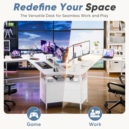 L Shaped Gaming Desk with Power Outlet & 2 Monitor Stands, Computer Desk with Drawer & Adjustable Storage Shelves, Large Corner Desks for Home Office, White
