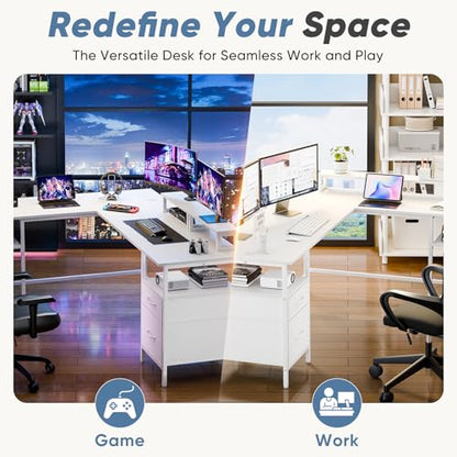 L Shaped Gaming Desk with Power Outlet & 2 Monitor Stands, Computer Desk with Drawer & Adjustable Storage Shelves, Large Corner Desks for Home Office, White