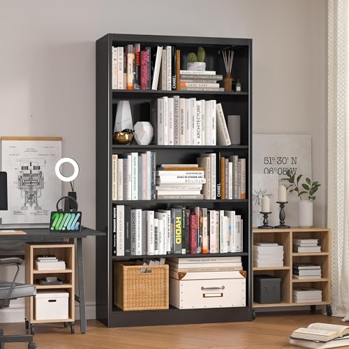 OSEILLC Bookshelf, Metal 5 Tier Industrial Bookshelves, 14" Deep Book Case for Book/Decor/CD/Movie, Adjustable Book Shelf, 66" Tall Modern Bookshelf for Bedroom Living Room Home Office School, Black - color: Black, size: 66"H*33.3"W