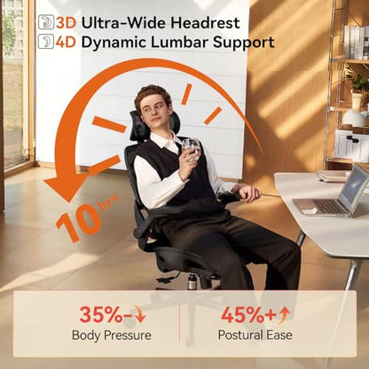 SIHOO B100 PRO Ergonomic Office Chair with Footrest, Mesh Office Chair with Adaptive Lumbar Support, Computer Chair with Wide Headrest, Desk Chair with 360° Rotatable Flip-Up Armrests, Black - color: Ebony