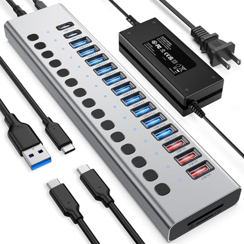 VANGREE Powered USB Hub 10Gbps, 17 Ports USB 3.2 Hub, 96W Power Adapter - color: Silver