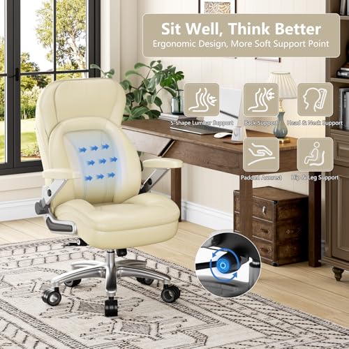 Big and Tall Office Chair, Heavy Duty Desk Chair with 5D Arms, Adjustable Lumbar Support & Height, Tilt Function, PU Leather High Back Ergonomic Executive Computer Chair - color: Beige