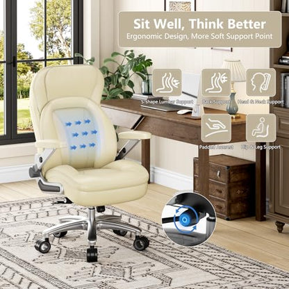Big and Tall Office Chair, Heavy Duty Desk Chair with 5D Arms, Adjustable Lumbar Support & Height, Tilt Function, PU Leather High Back Ergonomic Executive Computer Chair - color: Beige