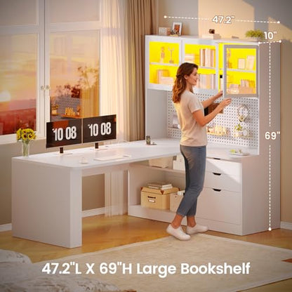 SEDETA L Shaped Corner Gaming Desk with 3 Wood Drawer and Large Bookshelf - color: White