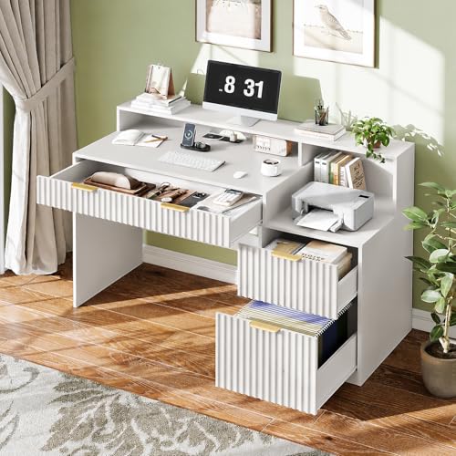 Vabches Fluted Computer Desk with Drawers, Home Office Desk with Power Outlets, Printer Stand and Storage Cabinet, Study Writing Desks with Long Monitor Stand, White - color: White