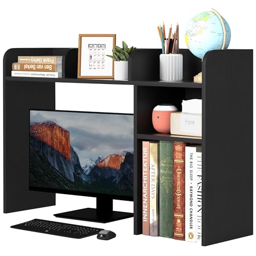 LAND·VOI Desktop Bookshelf, Countertop Storage Hutch with 5 Shelves for Computer Desk, Desk Organizer for Home Office Dorm, Dressing Tabletop, Bar Countertop, Wood Desktop Display Rack, Black EDS01B - color: Black