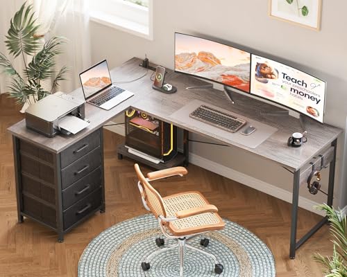 AODK 61" L Shaped Gaming Desk with 4 Drawers and Power Outlets, Grey - color: Grey, size: 61 Inch