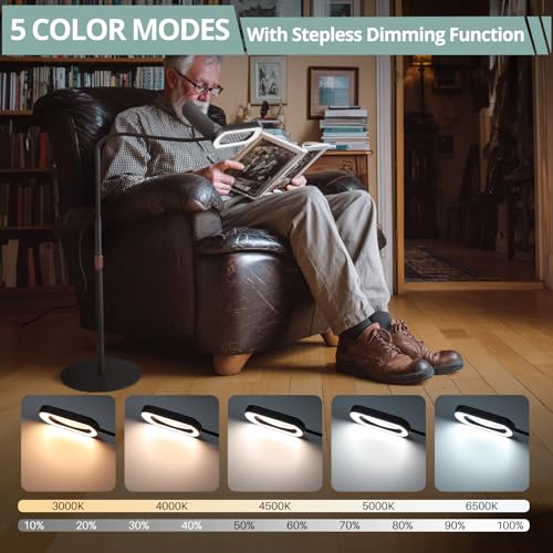 COLFULINE 10X Magnifying Glass Floor Lamp 5 Color Mode & Stepless Dimming | 10X HD Square Glass Lens,Dust Cover & Clamp Design,Adjustable Telescopic Pole & Stable Heavy Base,40cm Flexible Gooseneck