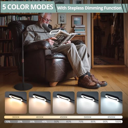 COLFULINE 10X Magnifying Glass Floor Lamp 5 Color Mode & Stepless Dimming | 10X HD Square Glass Lens,Dust Cover & Clamp Design,Adjustable Telescopic Pole & Stable Heavy Base,40cm Flexible Gooseneck