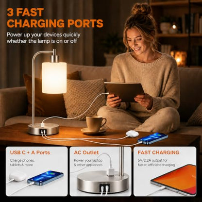 Set of 2 Industrial Touch Control Table Lamps with 2 USB Ports and AC Outlet - 3-Way Dimmable Nickel Bedside Lamp Nightstand Desk Lamps for Bedroom Living Room, Opal Glass Shade & 2 LED Bulbs Included - color: Nickel(2 pack)-Opal Glass-Touch Control