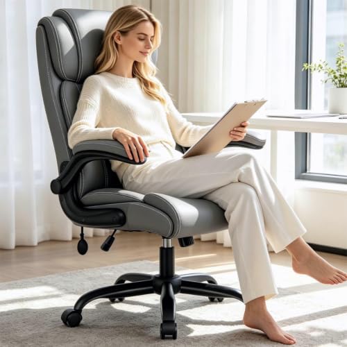 Ergonomic Office Chair, High Back Leather Executive Desk Chair - color: Grey