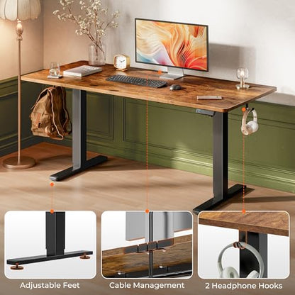 Huuger 63 x 28 Large Electric Standing Desk, Height Adjustable Computer Desk, 27.6" Deep Desktop, Stand up Gaming Office Table with 2 Hooks, 3 Preset Heights, for Home Office, Rustic Brown, 7021Z-1 - color: Rustic Brown, size: 63*28 inch (no outlets)