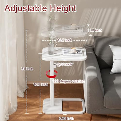 GOYLSER Adjustable Height Sofa C Table, 360° Swivel/180° Flip-Over Panel Side Table with Tablet Slots for Small Spaces, Morden TV Tray Couch Tables for Dinner Eating (White Marble) - color: White Marble, style: Angle Tilt