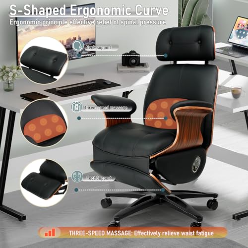 Ergonomic Leather Office Chair,Electric Recline/Footrest/Massage | 90-135° recline, footrest, 3-level massage, S-curve support, fits 5'3-6'1, solid wood, all-day comfort for home office,black - color: Black