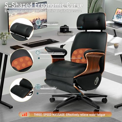 Ergonomic Leather Office Chair,Electric Recline/Footrest/Massage | 90-135° recline, footrest, 3-level massage, S-curve support, fits 5'3-6'1, solid wood, all-day comfort for home office,black - color: Black