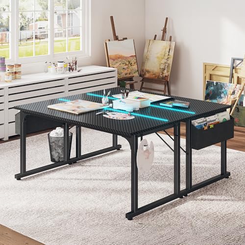 DurayLoly 55" Carbon Fiber Gaming Desk with RGB LED for Teens Bedroom,Black - color: Black, size: 55 Inch