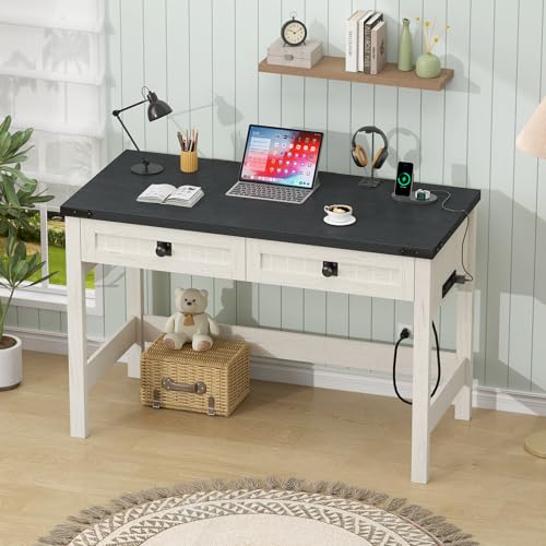 39 Inch Farmhouse Small Computer Desk with Drawers for Bedroom, Home Office - color: Black and White
