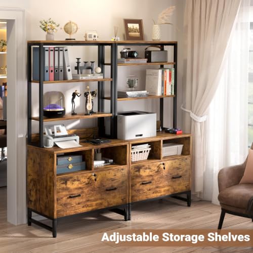 Homieasy Vertical File Cabinet with Shelves and Charging Station - color: Rustic Brown