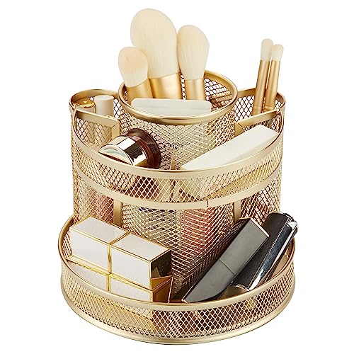 Annova Mesh Desk Organizer Rotate with 5 Compartments Round Spinning Tidy Candy/Pen Holder Desk Accessories Office, Art Supply, Storage, Classroom, Home (Gold) - color: Gold