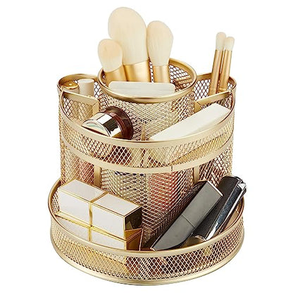Annova Mesh Desk Organizer Rotate with 5 Compartments Round Spinning Tidy Candy/Pen Holder Desk Accessories Office, Art Supply, Storage, Classroom, Home (Gold) - color: Gold