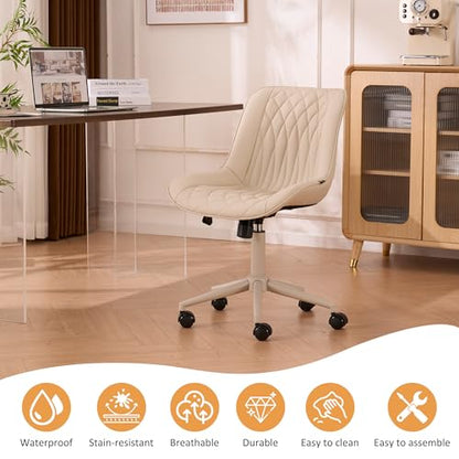YOUNIKE Faux Leather Office Desk Chair Comfy Vanity Chair Armless Cream | Ergonomic Upholstered Rocking Back, Swivel with Wheels, Height Adjustable, Modern Task Chair For Computer Sewing Drafting - color: Cream