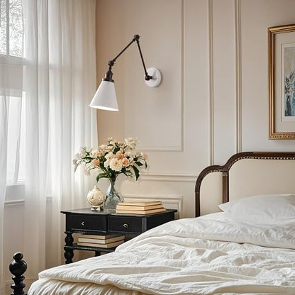 JONATHAN Y Rover 1-Light Wall Sconce 7", White/Oil Rubbed Bronze | Adjustable Arm, Hardwired Bedside Reading Swing Arm, Farmhouse Cone Shade, Metal Hardwired Indoor Fixture, LED Bulbs Included - color: White/Oil Rubbed Bronze, size: Set of 1