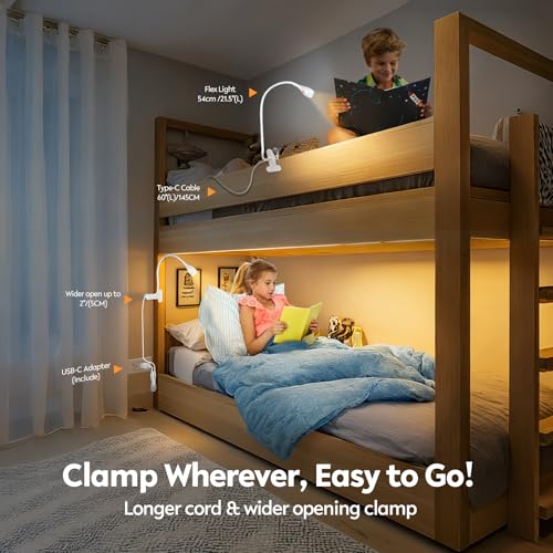 acegoo Minimalist Reading Light for Bed Headboard Dimmable White Book Light Clip on Lamp with USB-C Adapter, Flexible Neck & Handy Lamp Head Switch, CRI 90+ - color: White
