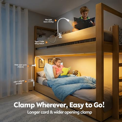 acegoo Minimalist Reading Light for Bed Headboard Dimmable White Book Light Clip on Lamp with USB-C Adapter, Flexible Neck & Handy Lamp Head Switch, CRI 90+ - color: White