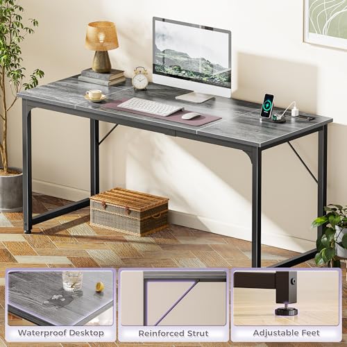 PRAISUN 63 X 24 Inch Computer Desk, Power Outlets, USB-C, Grey - color: Grey, size: 63inch