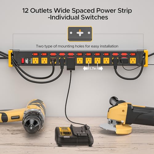 CRST 12-Outlet Heavy Duty Power Strip with Individual Switches 15FT Cord | 15A/1875W, Wide Spacing for Bulky Plugs, 1020J Surge Protector Power Strip with Cable Management for Garage Home Workshop - color: Black+Yellow, size: 12 Outlet-15FT
