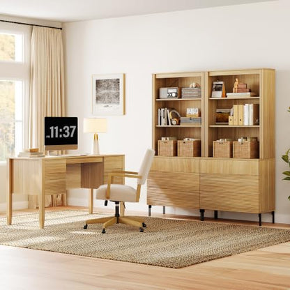WAMPAT Fluted Executive Desk with Drawers, 58" Modern Home Office Computer Desk with Charging Station, Storage Shelves, Wood Writing Study Desk for Work, Study, Writing, Oak - color: Oak