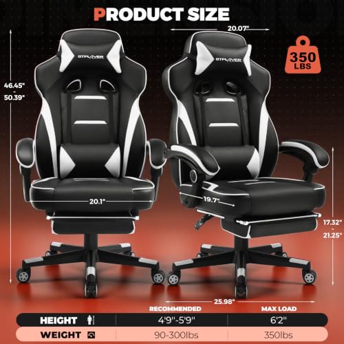 GTPLAYER Gaming Chair with Footrest, 350LBS Big and Tall Office Chair, Ergonomic High Back Lumbar Support and Recliner for Back Pain Relief, White - color: White