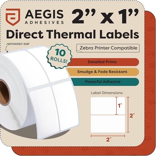 Aegis Adhesives - 2" X 1" (2-Up) Direct Thermal Labels (26000 Count, 10 Rolls with 1" Core) - Barcode Stickers, Inventory and SKU Labels - Compatible with Zebra Printers, NOT Rollo Compatible - size: 2" X 1" - 2 UP