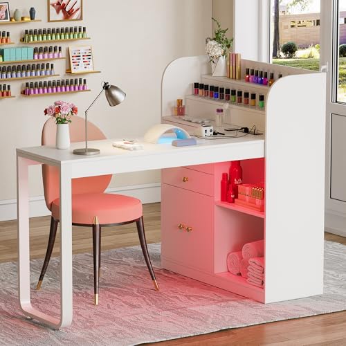 PAKASEPT L-Shaped Manicure Table with Shelves, Nail Table Desk w/Storage Drawers & Cabinet