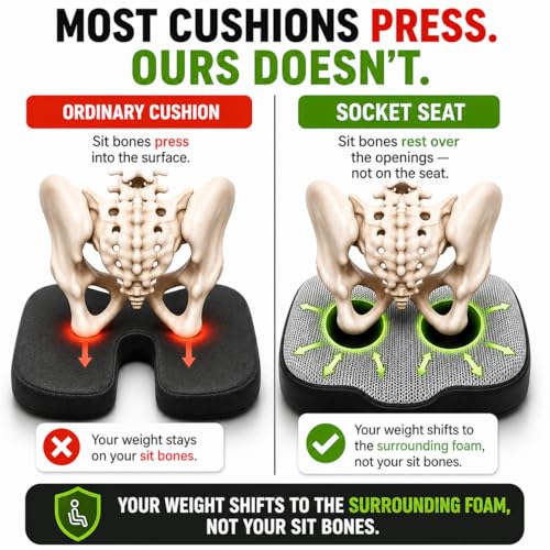 Aylio Socket Seat Cushion for Sit Bone, Ischial Tuberosity & Tailbone Pressure Relief – Ischial Bursitis, Hamstring & Piriformis Support – Firm Memory Foam Seat Cushion for Office Chair & Car