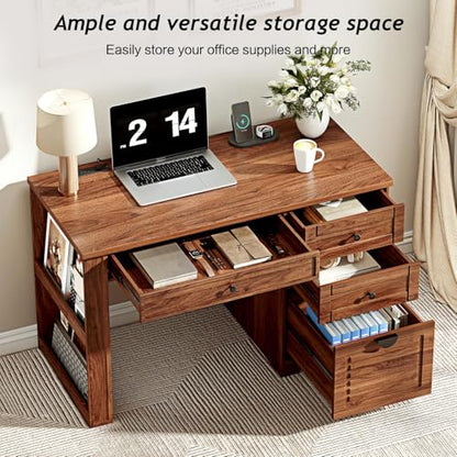 Ieejdn 47" Home Office Desks, Executive Desk, Farmhouse Computer Desk with Drawers and Charging Station, File Drawer, Storage Cabinet, Rustic Computer Writing Desk,Antique Brown - color: Brown, size: 47.24"