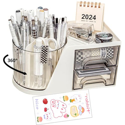 Rotating Desk Organizer, Large Capacity Cosmetic Display Case with Drawer, 360-Degree Rotating Pen Holder, Art Supply Storage Box Caddy for Office and Home - color: 360° Rotating 6 Slots 2 Drawers White