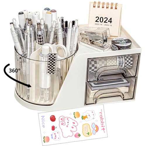 Rotating Desk Organizer, Large Capacity Cosmetic Display Case with Drawer, 360-Degree Rotating Pen Holder, Art Supply Storage Box Caddy for Office and Home - color: 360° Rotating 6 Slots 2 Drawers White