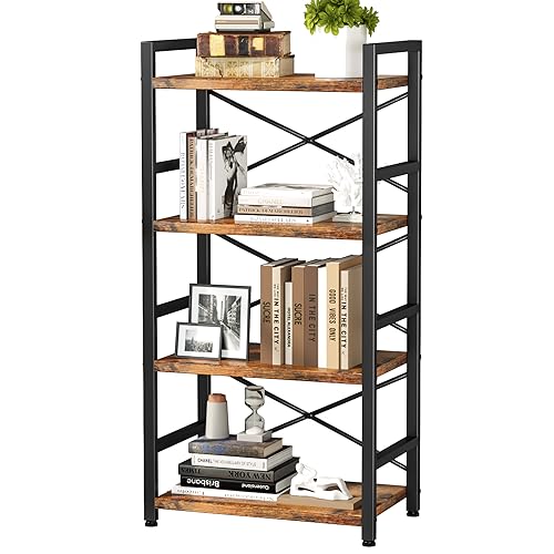 Homeiju Bookshelf, 4 Tier Small Bookcase, Organizers and Storage, Metal Small Bookcase, Rustic Book Shelf Organization and Storage for Living Room, Bedroom, and Home Office(Rustic Brown) - color: Rustic, size: 4 Tier