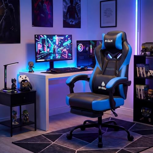 N-GEN GAMING Gaming Chair Big and Tall Computer Heavy Duty Office Desk Chair with Footrest Ergonomic Lumbar Support High Back Recliner for Adults (Blue) - color: Blue