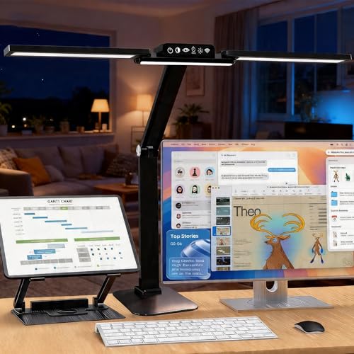 NUNET 24W LED Desk Lamp with 2-in-1 Weighted Base & Clamp, 26.8" Dual Monitor Light Bar, Remote, Eye-Caring Red Light Beads, Stepless Dimming, Adjustable Architect Swing Arm for Home Office, Black | Weighted base option, remote control, eye-caring red bea