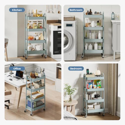 DUMOS 4 Tiers Rolling Utility Cart, Storage Organizer, Shelving Unit | Metal, Lockable Wheels, Mobile, Kitchen, Bathroom, Laundry, Narrow Places, Light Green - color: 4-tier Green